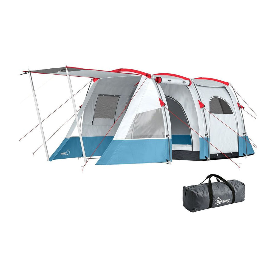 Outsunny 3 Person Tunnel Tent with a blue and white design and a matching carry bag for storage