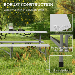 Close-up of the white folding picnic table and bench set showing robust construction details