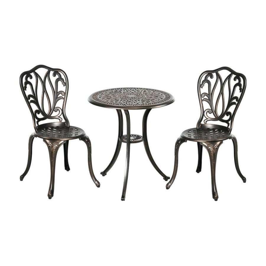 Outsunny 3 Piece Garden Bistro Set Aluminium Outdoor Furniture Set for 2 Patio Chairs and Table with Umbrella Hole Bronze