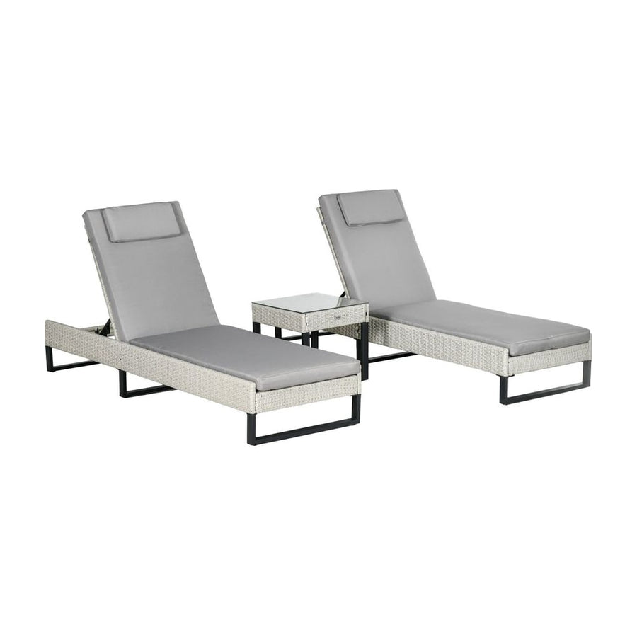 Outsunny 3-piece PE Rattan Sun Lounger Set with two chairs and a coffee table on a white background
