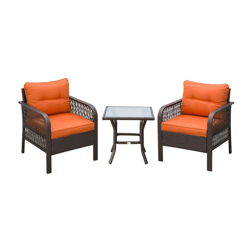 Outsunny 3 Pieces Rattan Bistro Set with Glass Top Coffee Table, Chairs and Cushions for Outdoor, Patio, Balcony, Orange
