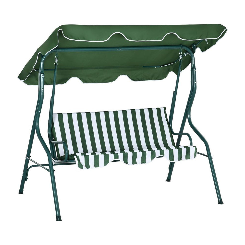 Outsunny 3 Seater Garden Swing Seat Chair Outdoor Bench with Adjustable Canopy and Metal Frame, Green Stripes