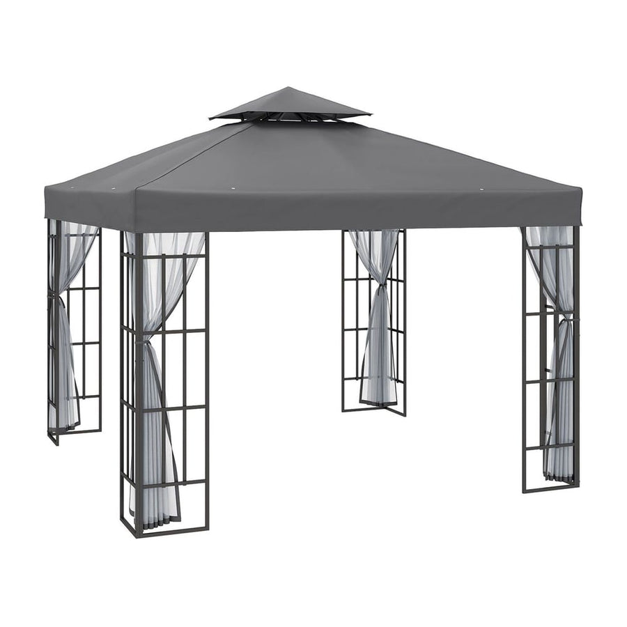 Outsunny 3 x 3(m) Patio Gazebo Canopy Garden Pavilion Tent Shelter with 2 Tier Roof and Mosquito Netting, Steel Frame, Grey