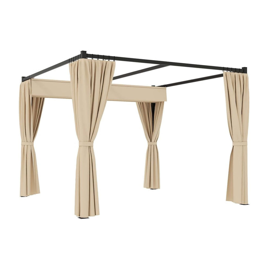 Outsunny 3 x 3(m) Retractable Pergola, Garden Gazebo Shelter with Curtains, for Grill, Patio, Deck, Beige