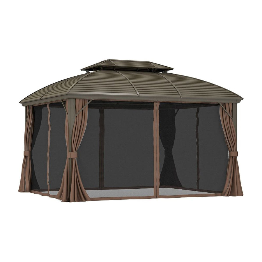 Outsunny Hardtop Steel Gazebo Canopy with Aluminium Frame with curtains and mesh screens closed