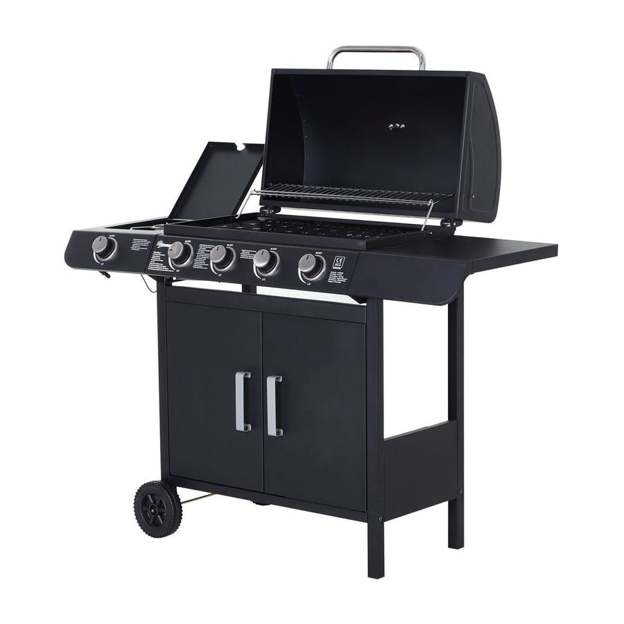 Outsunny 4+1 Burner Gas BBQ Grill with open lid and side shelves on a white background
