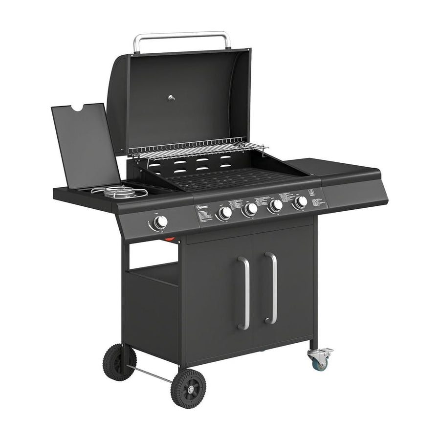 Outsunny 4+1 Burner Gas BBQ Grill with Storage Cabinet, 15.2 kW Gas Barbecue Trolley with Side Table, 4 Wheels, Warming Rack