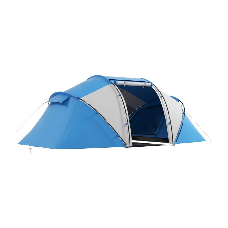 Outsunny 4-6 Man Camping Tent w/ Two Bedroom, Hiking Sun Shelter, UV Protection Tunnel Tent, Blue and White