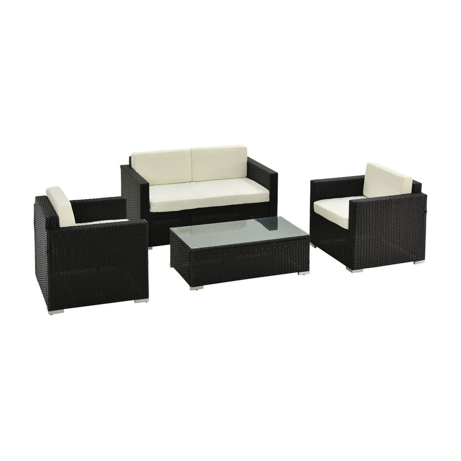 Outsunny 4-Seater Rattan Sofa Set Garden Rattan Furniture Wicker Steel Chair Seat Furniture Patio Rattan Garden Sofa Black