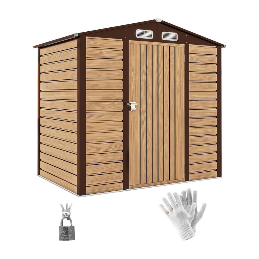 Outsunny 4 x 6ft Galvanised Steel Garden Shed, with Lock and Gloves - Oak