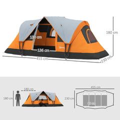 Diagram showing the dimensions of the orange and grey dome camping tent and sleeping layout