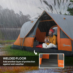 Inside the orange and grey dome camping tent during rainfall, showing the welded floor for protection