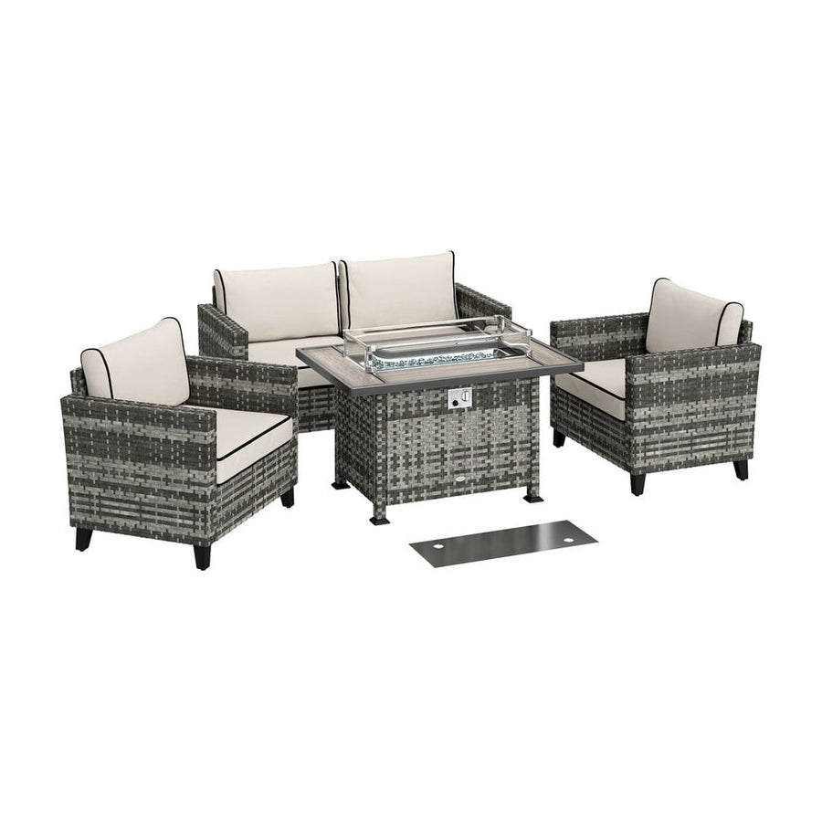 Outsunny 5-Piece Rattan Patio Furniture Set with Gas Fire Pit Table, Loveseat Sofa, Armchairs, Cushions, Pillows, Grey