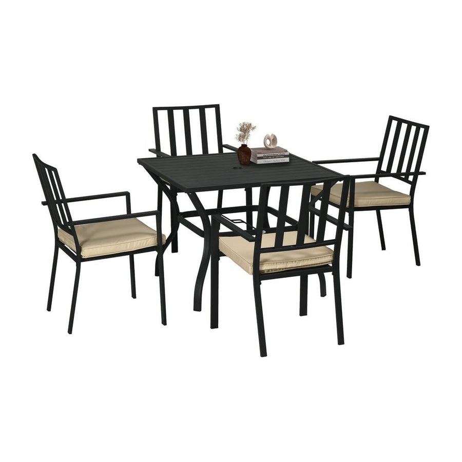 Outsunny 5 Pieces Garden Dining Set with Cushions, Outdoor Patio Table and 4 Stackable Chairs, Metal Top Table with Umbrella