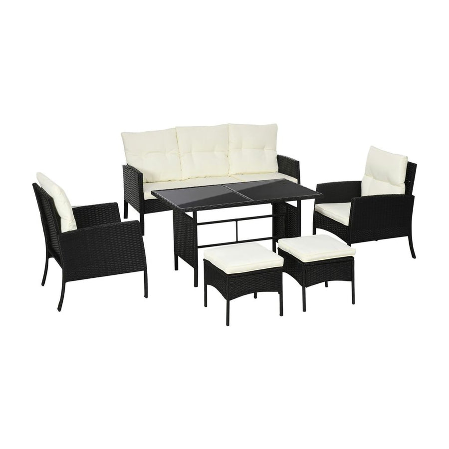 Outsunny 5 Seater Rattan Garden Furniture Set, 2 Armchairs, 3-Seater Wicker Sofa, 2 Footstools and Glass Table, 6 Piece Patio