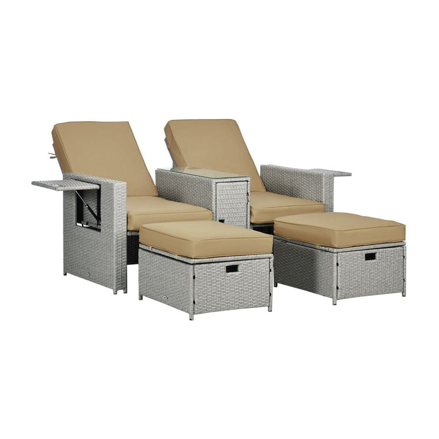 Outsunny 5PC PE Rattan Sun Lounger, Outdoor Wicker 5-level Adjustable Recliner Sofa Bed with Storage Side Table and