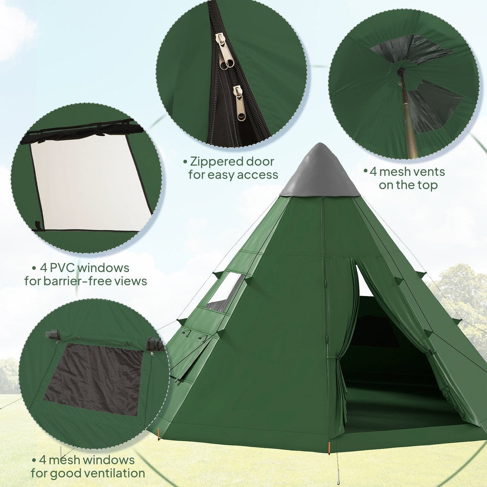 Close-ups of a green tipi tent showing zipped door, mesh vents, and PVC windows