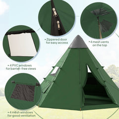 Close-ups of a green tipi tent showing zipped door, mesh vents, and PVC windows