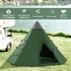 A large family camping tent in green, with icons indicating features like waterproof and ventilation