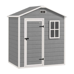 Outsunny 6 x 4ft Garden Shed, Plastic Shed with Floor, Window, Lockable Door and Vents, Wood Effect Resin Tool Shed for