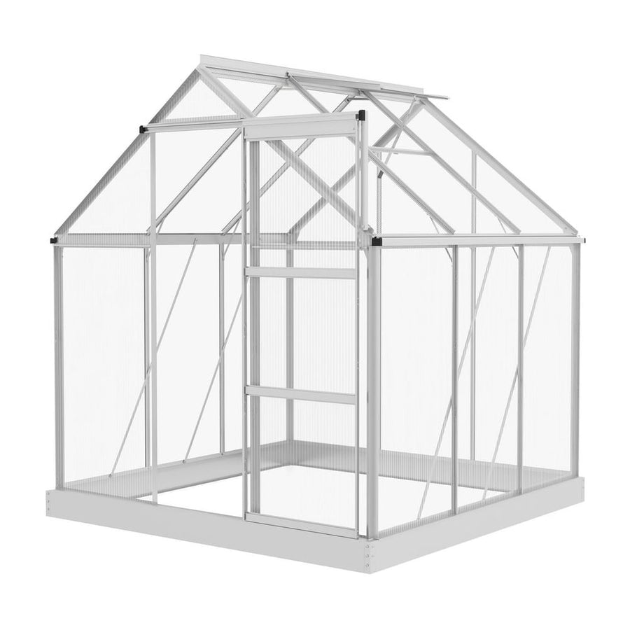 Outsunny 6 x 6ft Walk-In Greenhouse, Polycarbonate Greenhouse with Sliding Door, Window, Aluminium Frame, Foundation, Silver