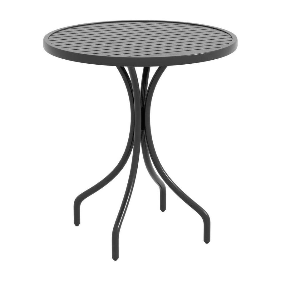 Outsunny 66cm Patio Table shown in black with a round slatted top and curved legs on a white background