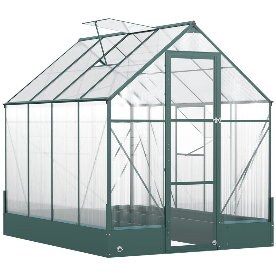 Outsunny 6x8 FT Polycarbonate Greenhouse with Base and Raised Bed, Walk-in Greenhouse with Aluminium Frame, Temperature