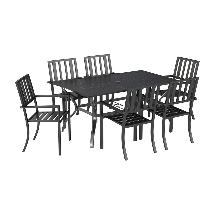 Outsunny 7 Pieces Garden Table and Chairs 6 Seater Outdoor Table and Chairs with Umbrella Hole, for Poolside, Garden, Black