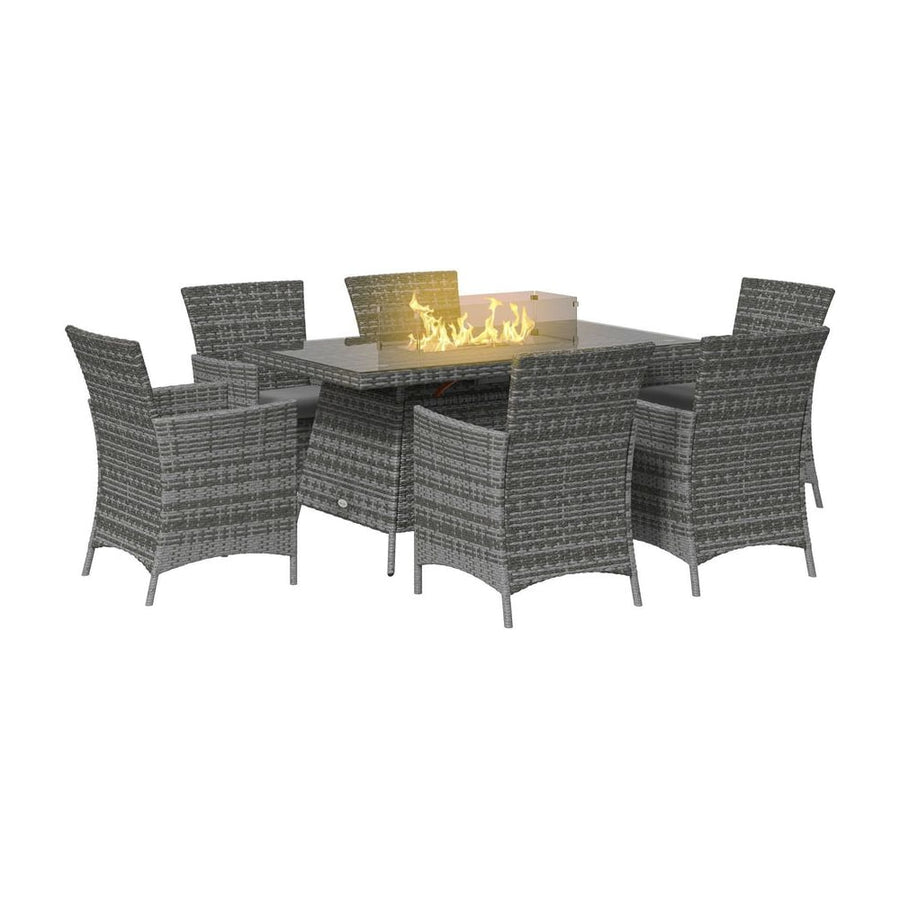 Outsunny 7 Pieces Outdoor Rattan Garden Furniture with Fire Pit Table, 6 Seater Garden Table and Chairs with Cushions, Rattan