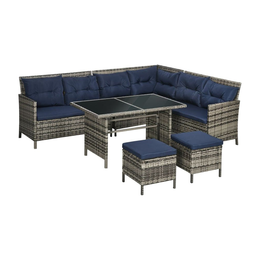 Outsunny 7-Seater Patio wicker Sofa Set Rattan Chair Furniture w/ Glass & Cushioned, Dark Blue
