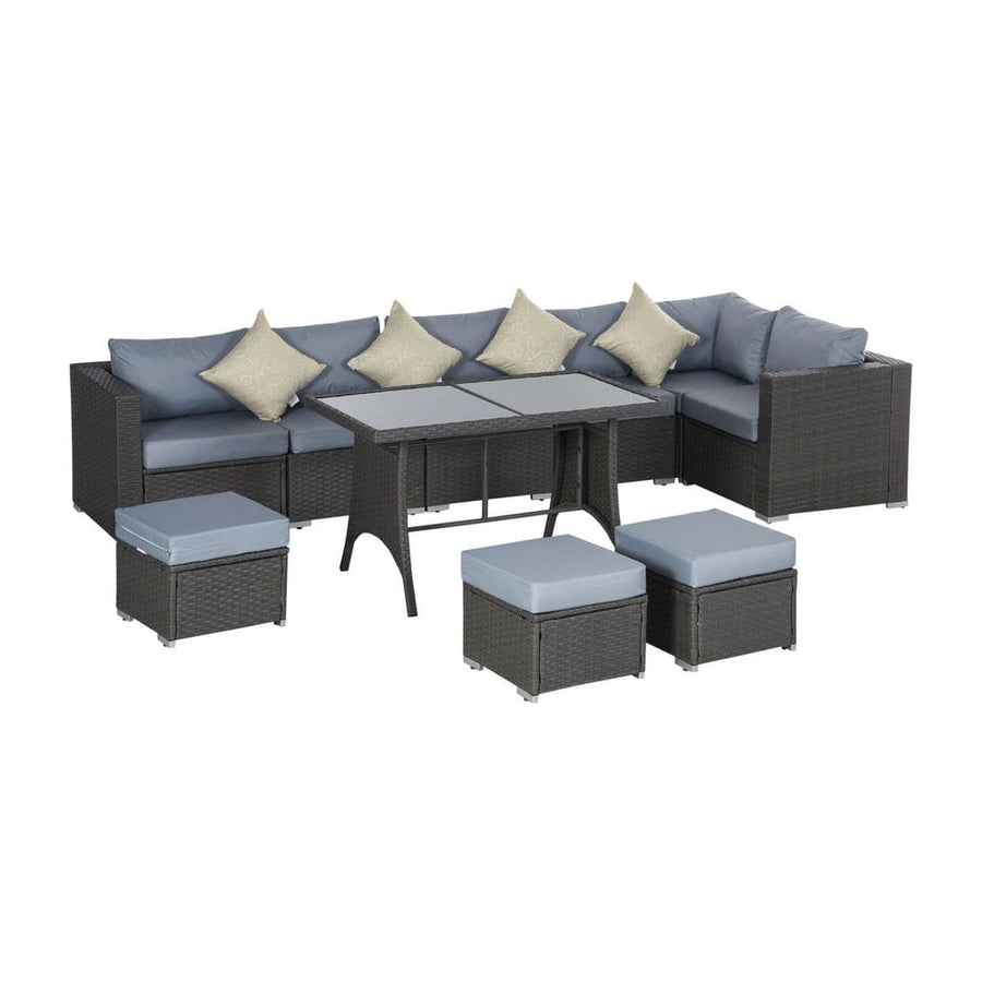 Outsunny 9-Seater Garden Rattan Furniture 10 Pcs Rattan Corner Dining Sofa Set, Grey/Dusty Blue Cushion