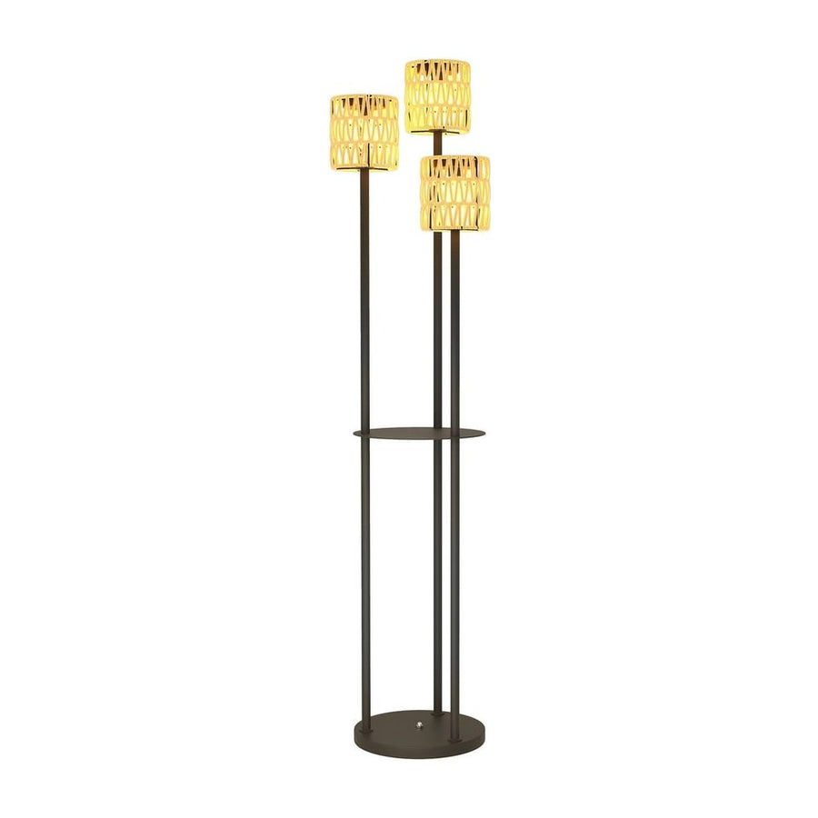 Outsunny Boho Rattan Floor Lamp, 3-Lights Rattan Lamp with Shelf, Freestanding Solar Garden Light with Auto On/Off Lights