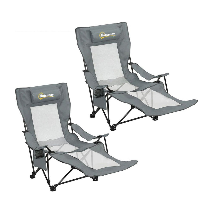 Outsunny Camping Chair Reclining Portable Camp Chair with Detachable Footrest Cup Holder Grey