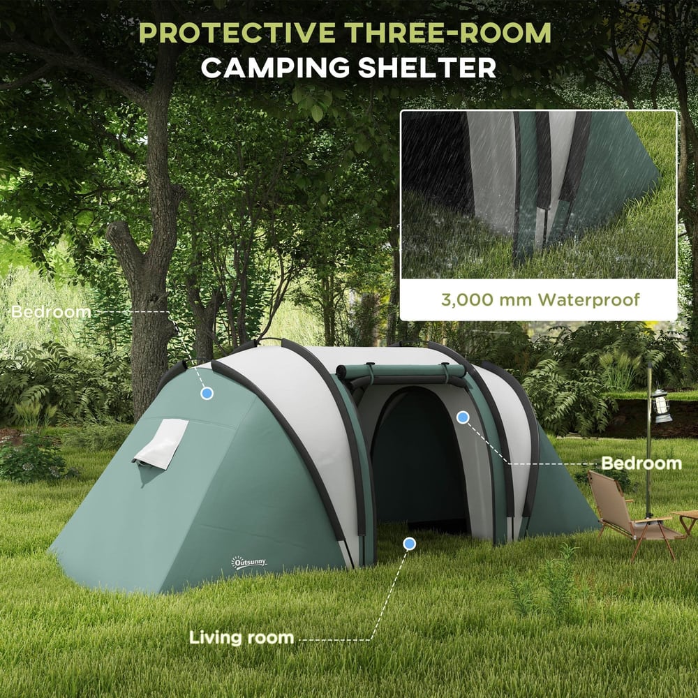 The dark green camping tent set up on grass with labels pointing to the living room and bedrooms