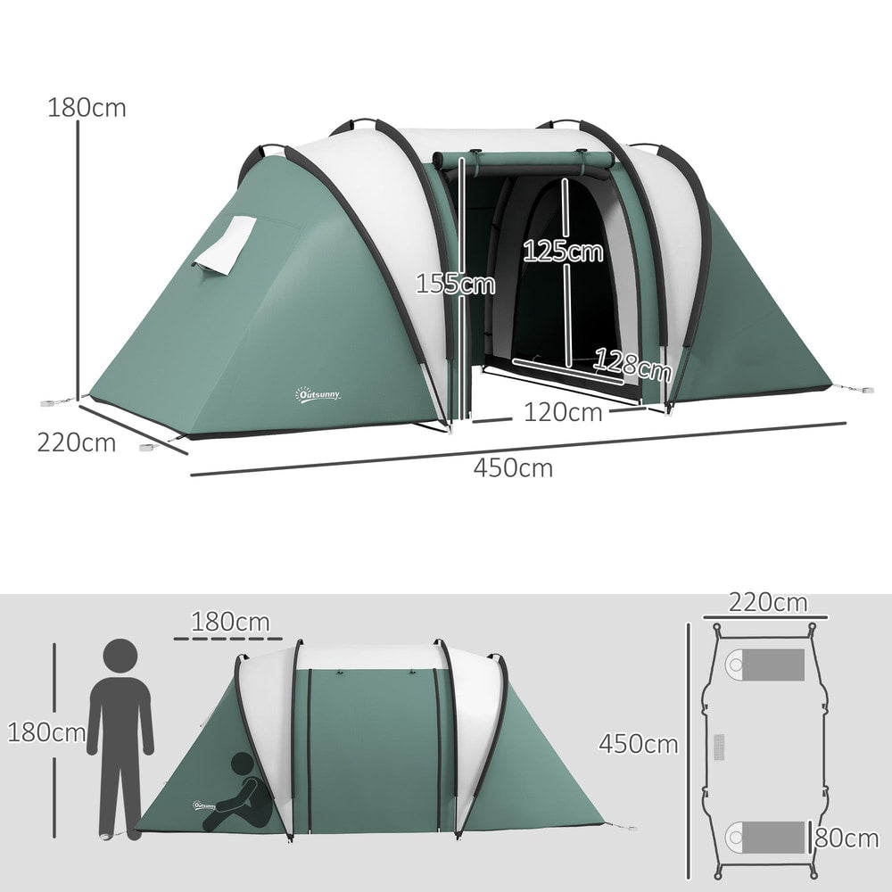 Diagram showing the dimensions of the two-man tent with a silhouette of a person for scale