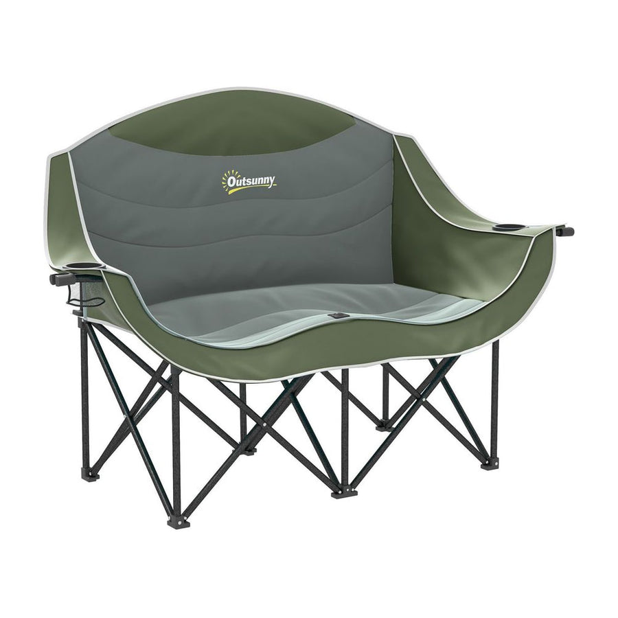 Outsunny Double Camping Chair for Adults with Armrests, a green and grey padded folding chair with cup holders