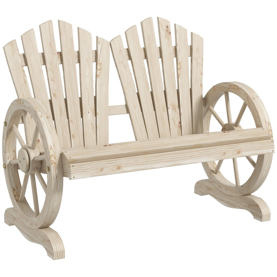 Outsunny Fir Wood Love Seats with Wheel-Shaped Armrests, a natural wood two-seater garden chair with decorative wheel details
