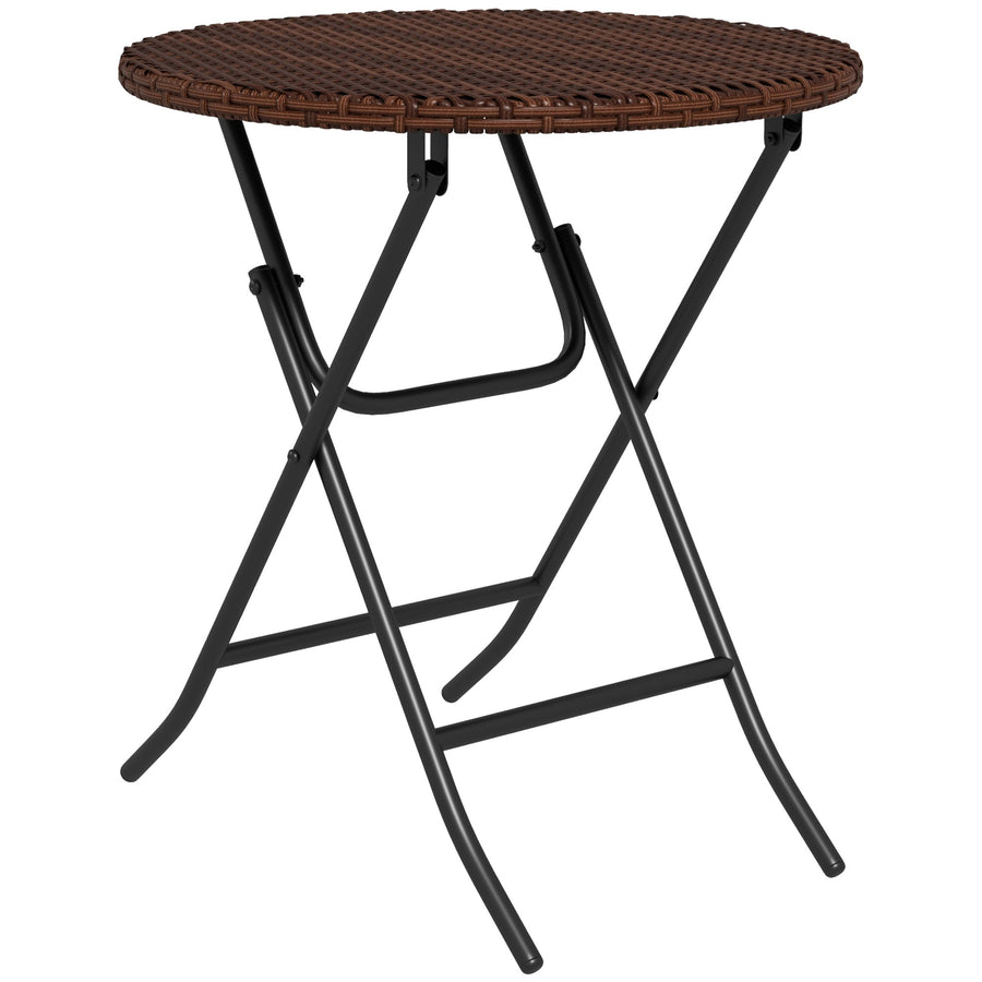 Outsunny Foldable PE Rattan Outdoor Coffee Table, Metal Frame Wicker Round Side Table, Coffee Table Side Table for Lawn