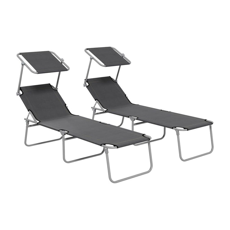 Outsunny Folding Sun Lounger Set of 2 with Canopy, Reclining Sunbed with 4-Position Adjustable Backrest, 600D Oxford Cloth