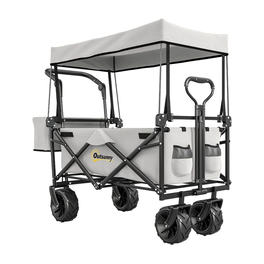 Outsunny Folding Trolley Cart Storage Wagon Beach Trailer 4 Wheels with Handle Overhead Canopy Cart Push Pull for Camping