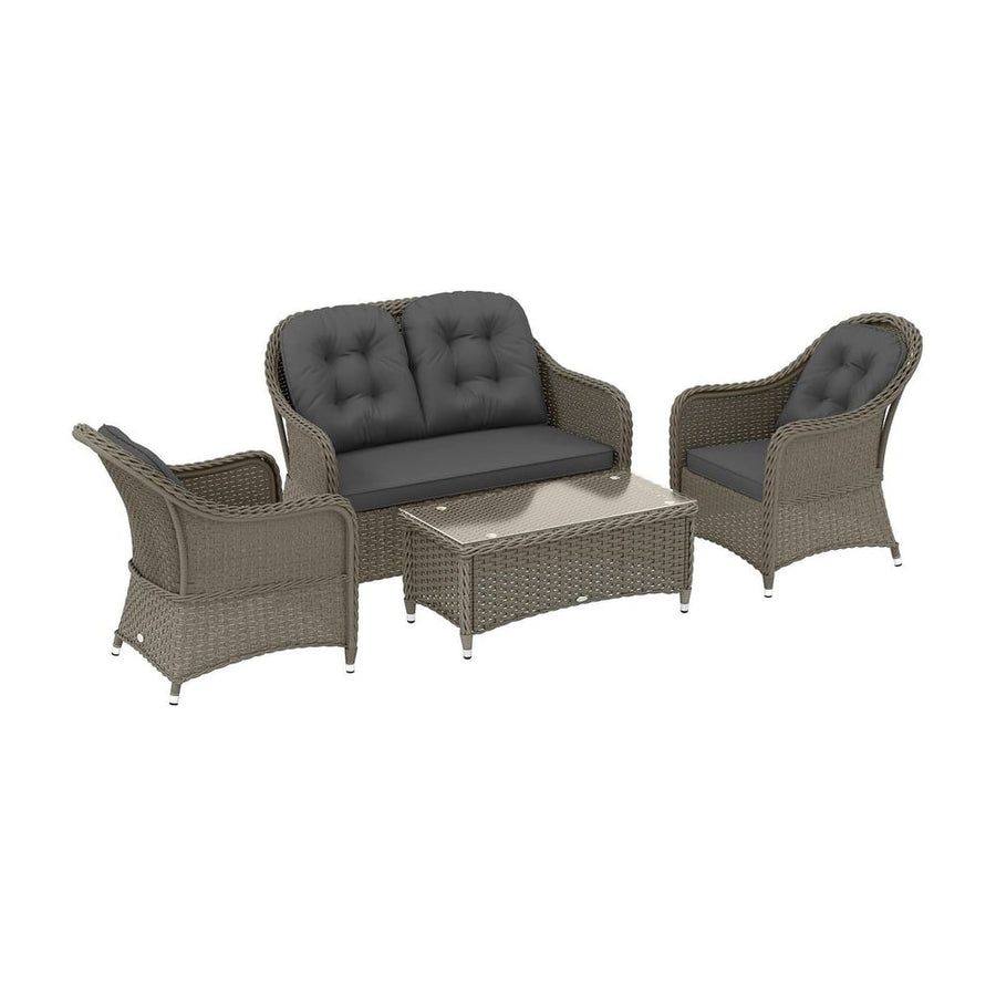 Outsunny Four-Piece Rattan Sofa Set, with Glass-Top Table - Light Grey