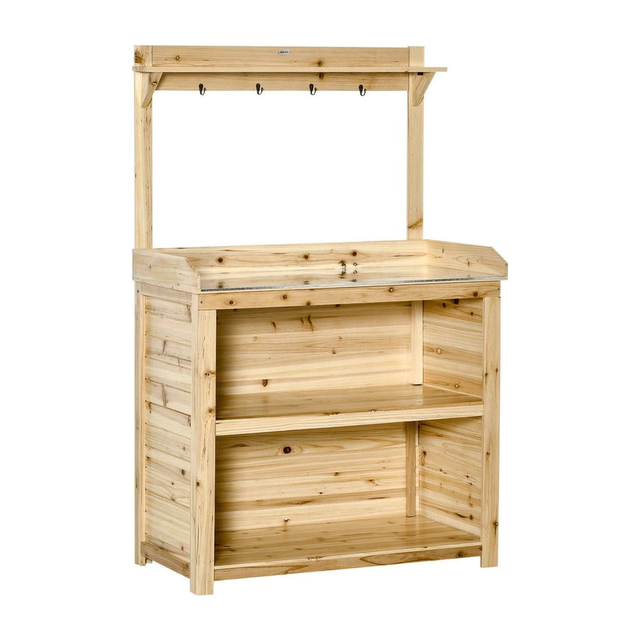 Outsunny Garden Potting Bench Table, Wooden Workstation Bench w/ Galvanized Metal Tabletop, Storage Shelves and Hooks