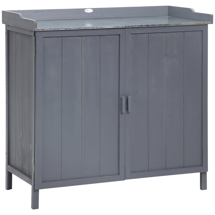Outsunny Garden Storage Cabinet, Outdoor Tool Shed, Potting Bench Table with Galvanized Top and Two Shelves for Yard Tools or