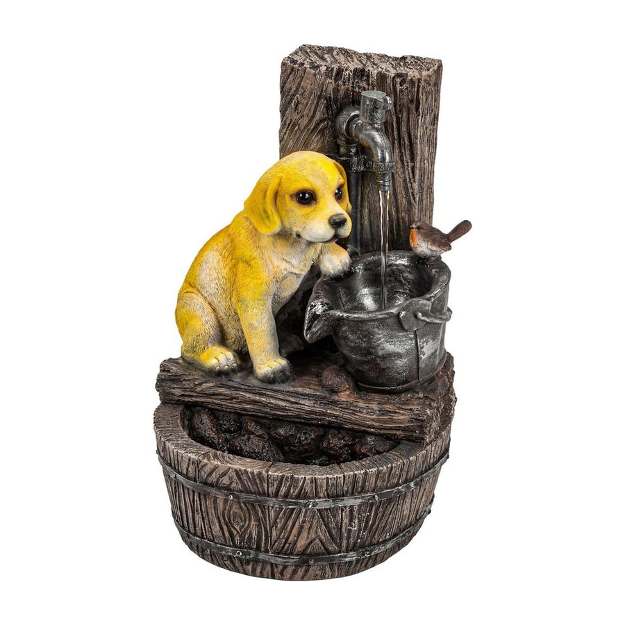 Outsunny Garden Water Feature with 3-Tier Rustic Puppy Design, Freestanding Resin with LED Lights, Adjustable Flow, Rustic