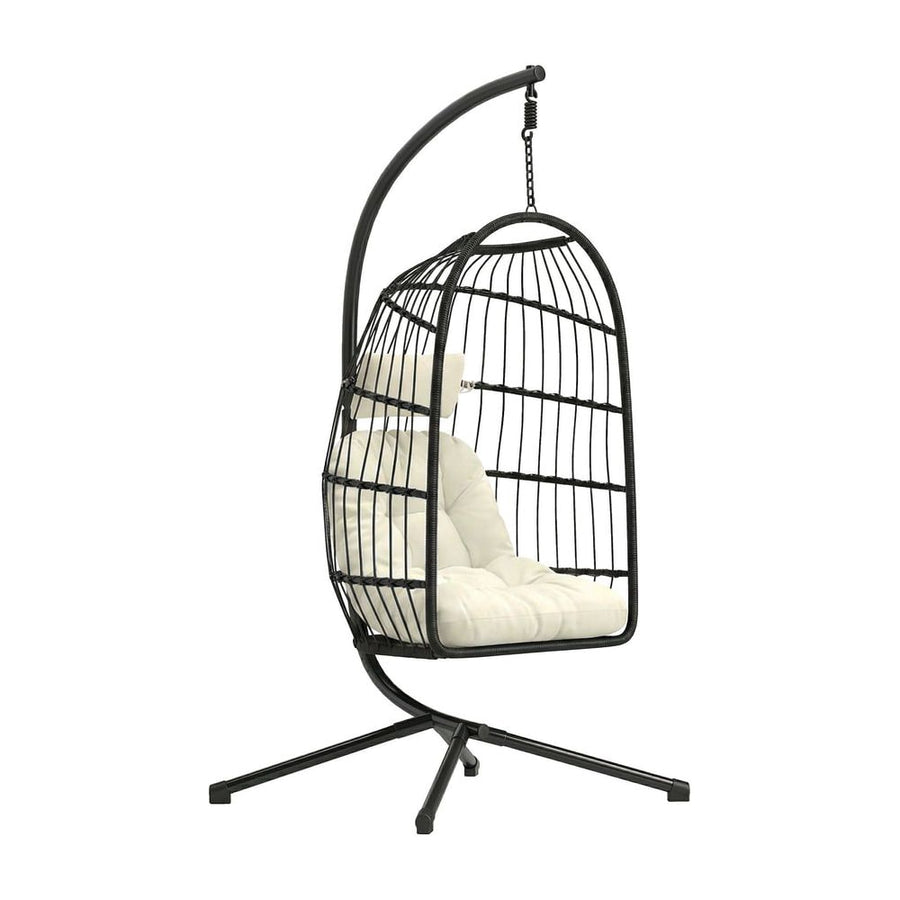 Outsunny Hanging Egg Chair, Indoor Outdoor Hammock Swing Chair with Stand, Safety Strap, Foldable Basket, Black/Cream White