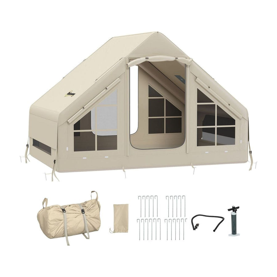 Outsunny Inflatable Camping Tent with Pump and Stove Jack Hole, Easy Setup 2-4 Person Blow Up Tent, Waterproof Luxury