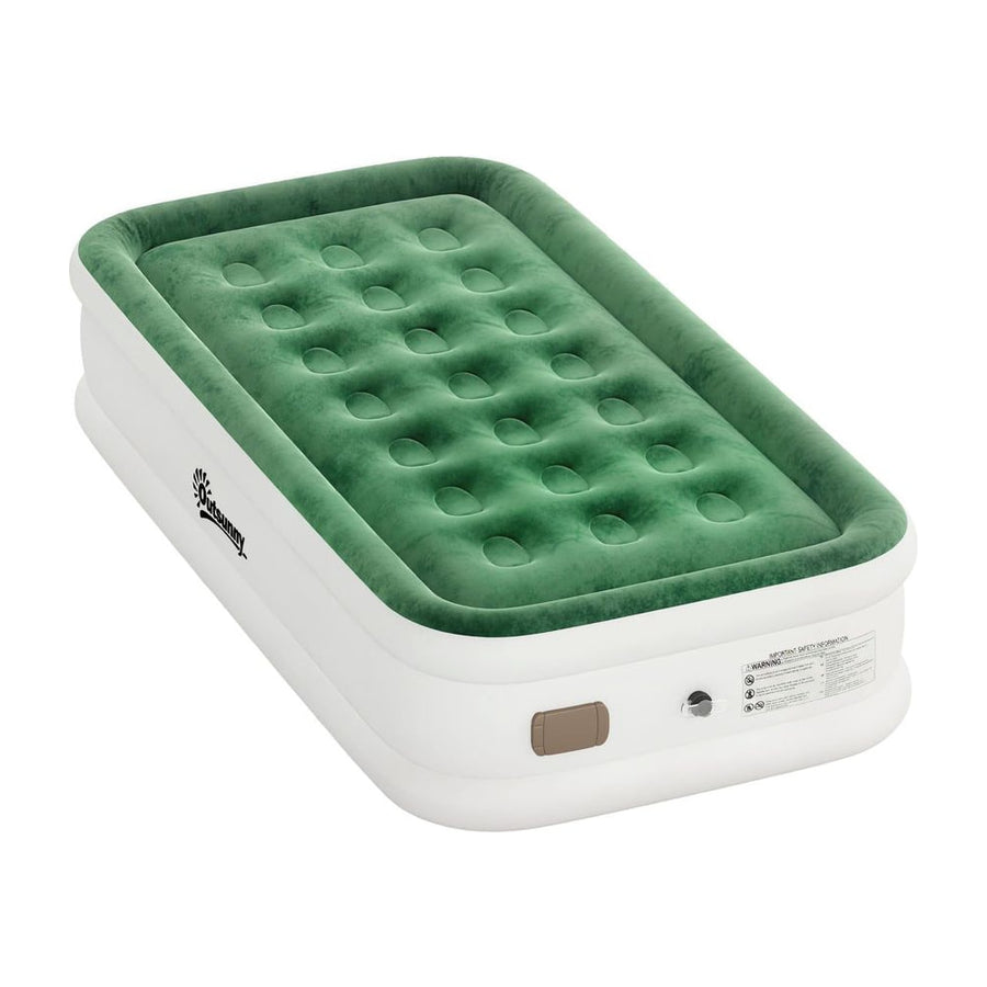 Outsunny Inflatable Mattress, Single Air Bed with Built-in Electric Pump, 3 Mins Inflation, Flocked Surface, Dark Green