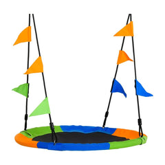 Outsunny Kid Nest Swing Seat Saucer Tree with colourful flags attached to the suspension ropes