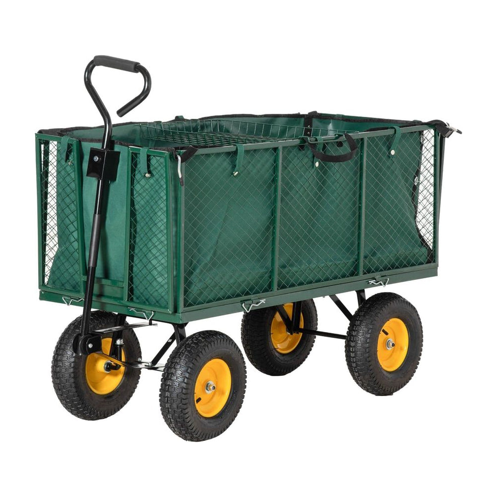 Outsunny Large 4 Wheel Heavy Duty Garden Cart Truck Trolley Wheelbarrow with Handle and Metal Frame - Green