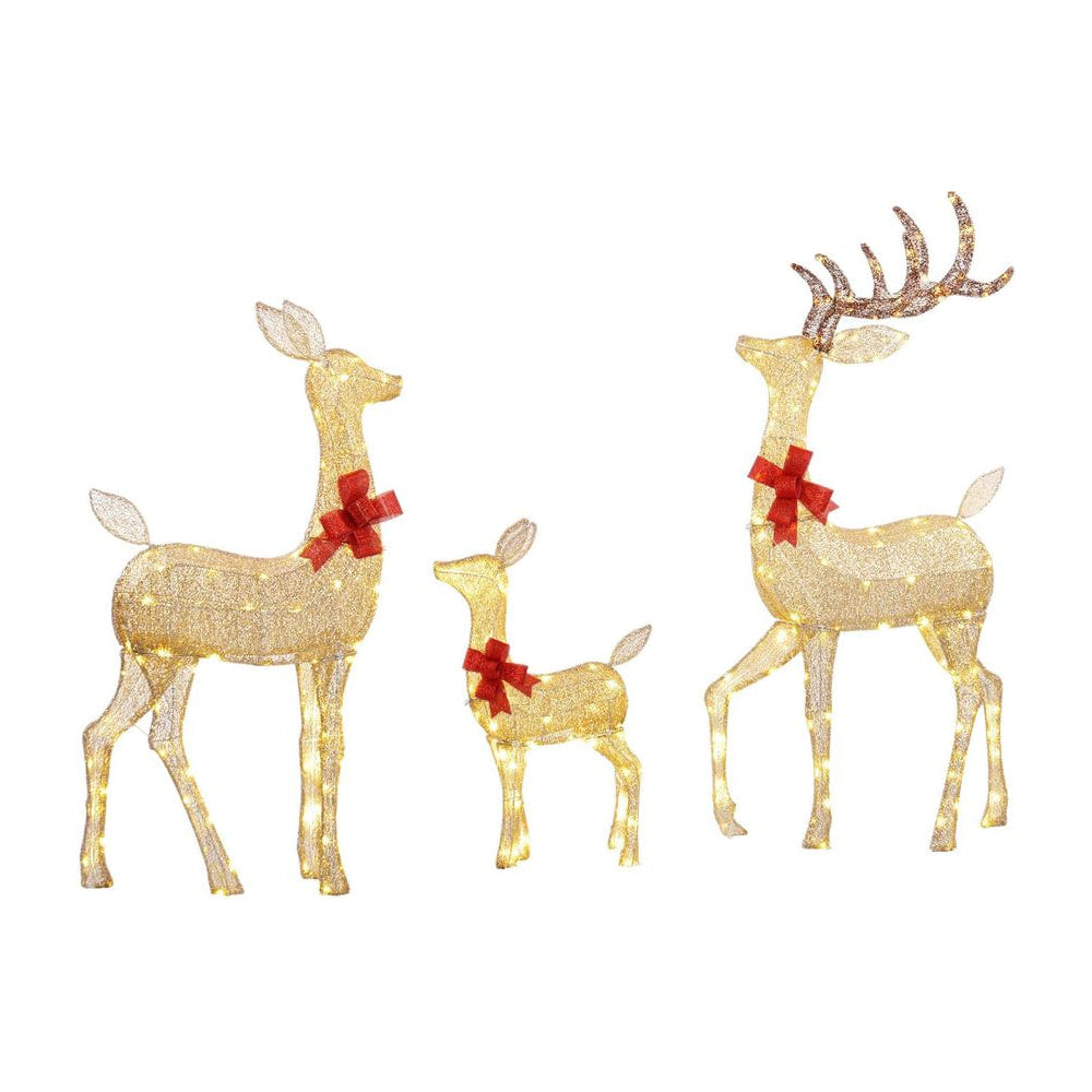 Outsunny Lighted Reindeer Christmas Decorations Outdoor, a family of three gold reindeer with red bows